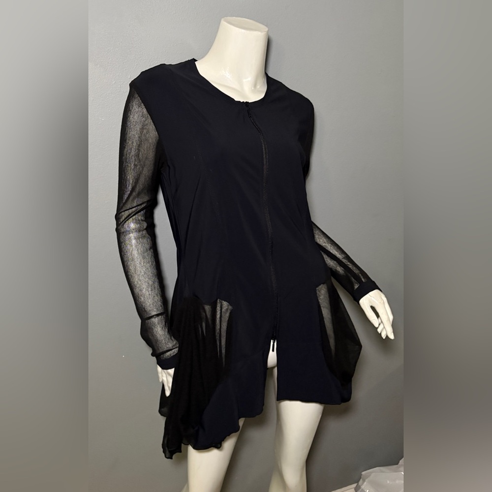 Sheer Sleeve Mini Dress with Front Zip - Black - Picture 4 of 14